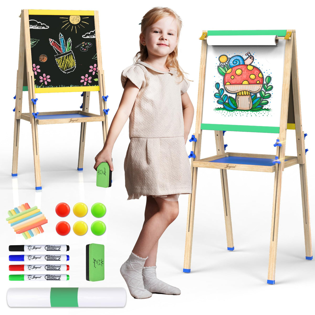 Joyooss Kids Easel double-sided board boosts creativity with whiteboard and chalkboard surfaces.