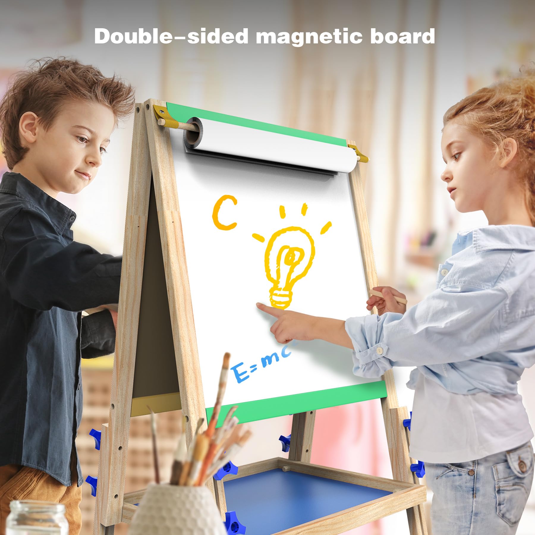 Joyooss Kids Easel pull-down paper canvas enables shared art projects.