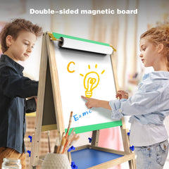 Joyooss Kids Easel pull-down paper canvas enables shared art projects.