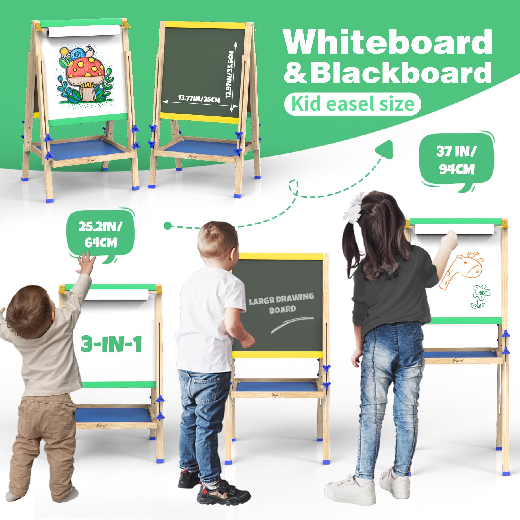 Joyooss Kids Easel whiteboard side supports quick note taking and color-friendly markers.