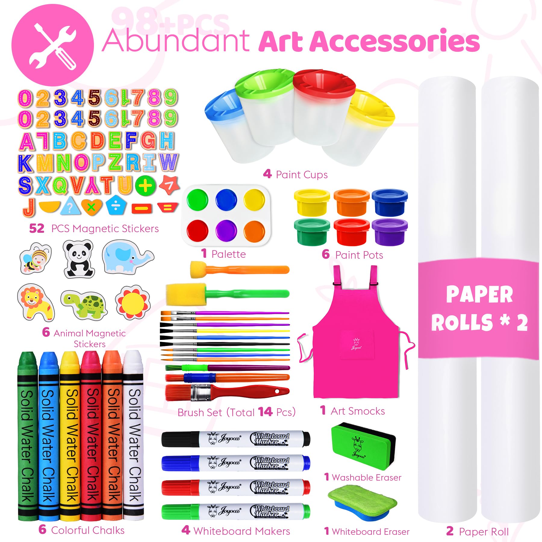 Joyoss art easel tray keeps supplies within easy reach.