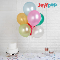 JOYPOP balloon stand packaging shows included cups, bases, and poles.