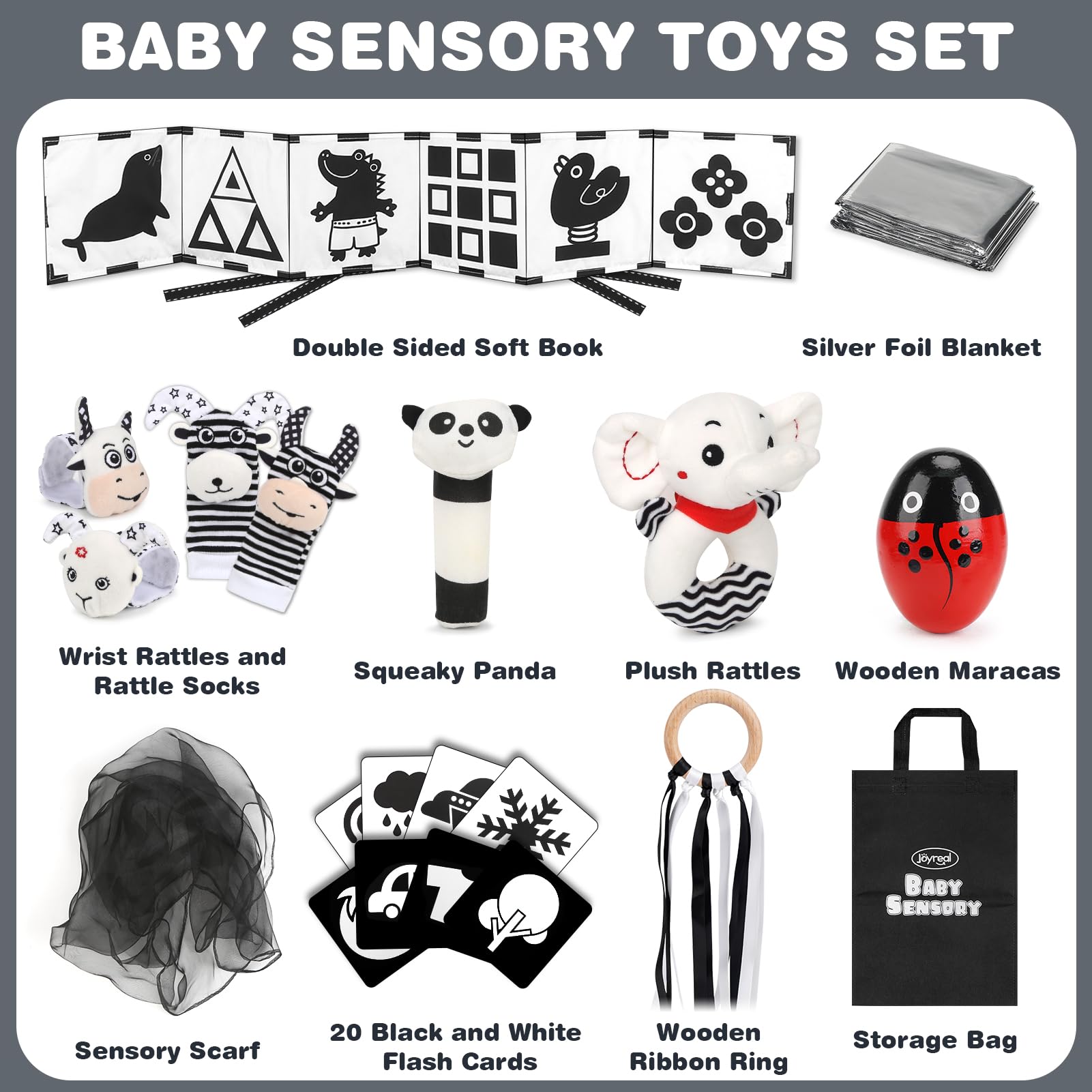 Joyreal black and white flash cards boost early visual focus and attention.