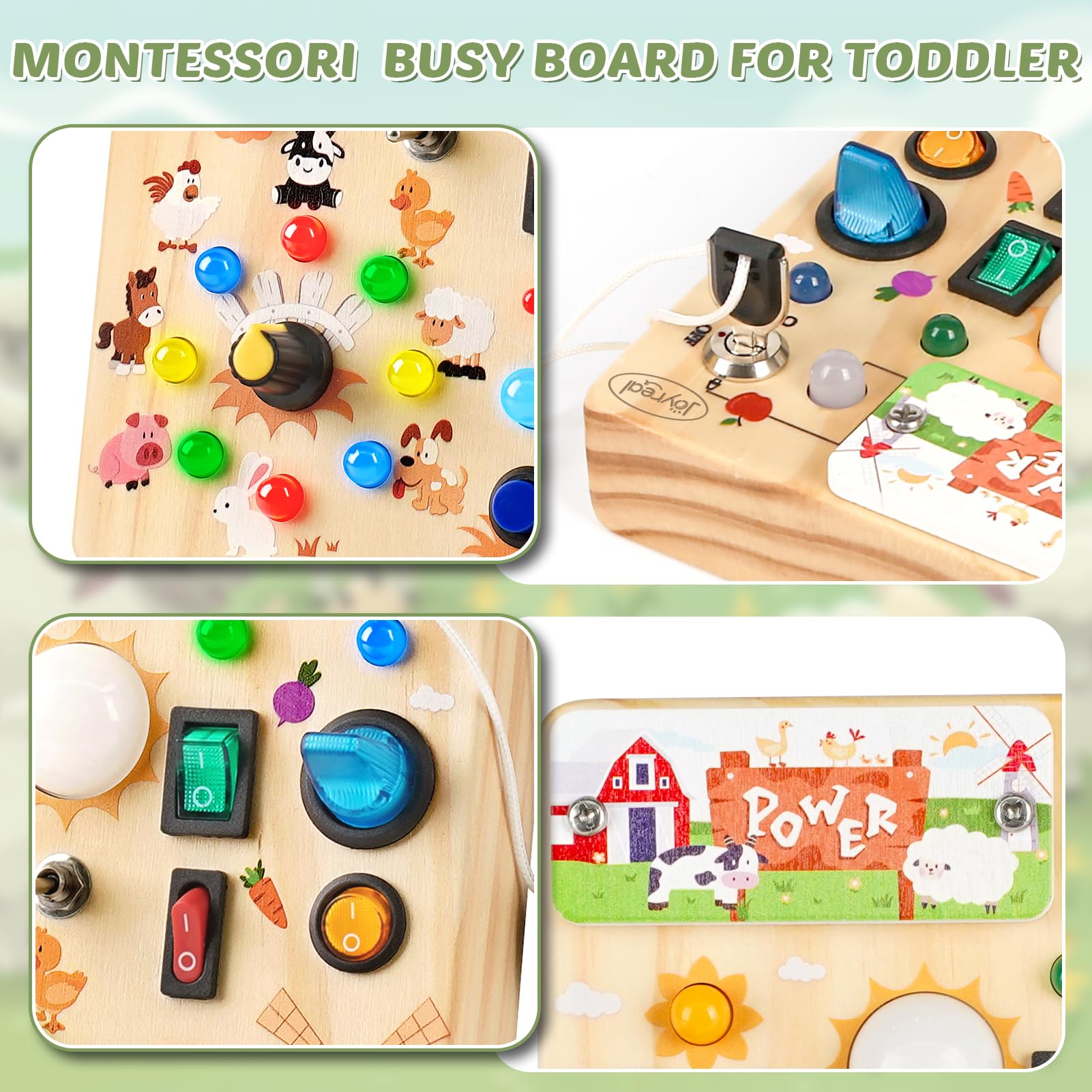 Joyreal Busy Board with Interactive Switches promotes hand-eye coordination and color recognition.
