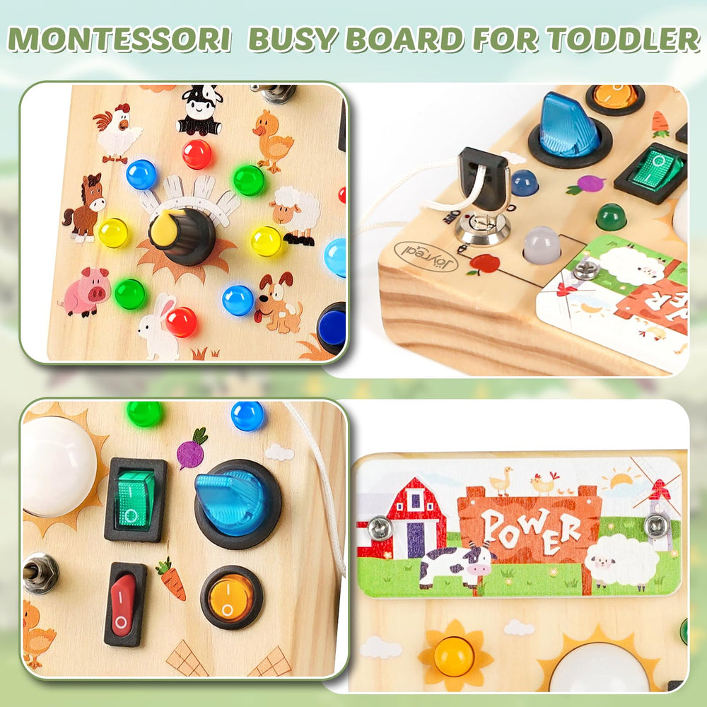 Joyreal Busy Board with Interactive Switches promotes hand-eye coordination and color recognition.