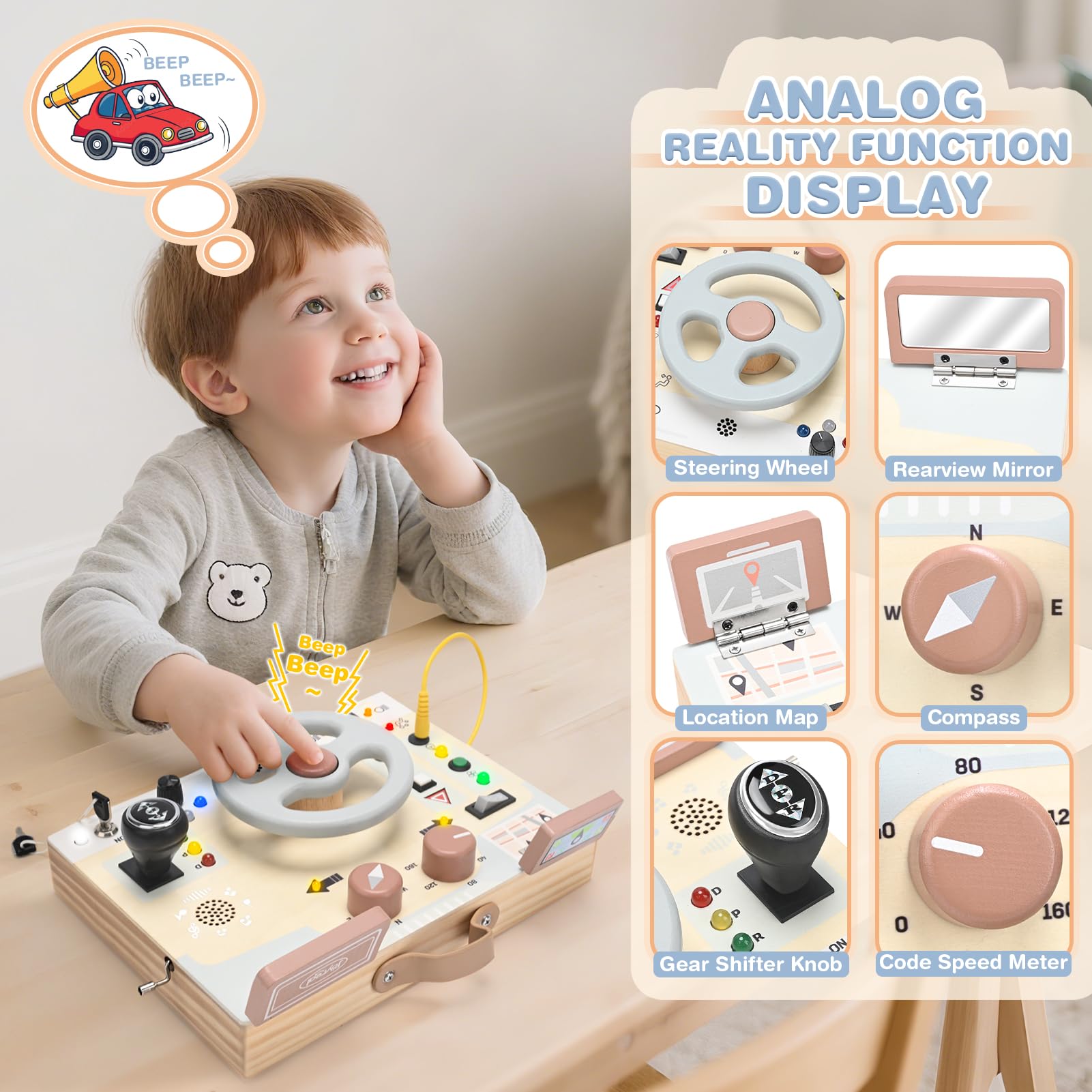 Joyreal Busy Board LED lights enhance sensory exploration for toddlers.