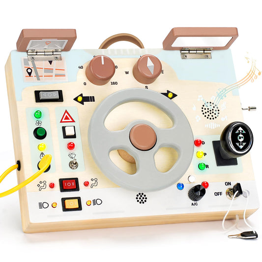 Joyreal Montessori Busy Board steering wheel close-up for tactile play and imaginative driving.
