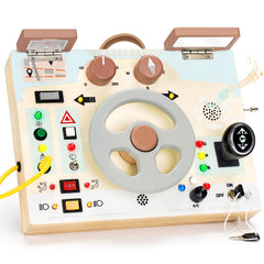 Joyreal Montessori Busy Board steering wheel close-up for tactile play and imaginative driving.