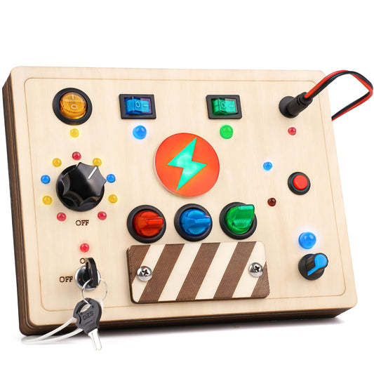 Joyreal Busy Board with wooden switches and LEDs boosts toddlers' fine motor play.