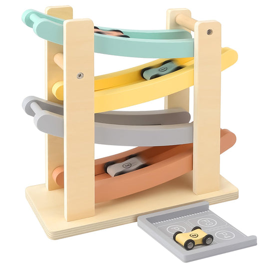 Joyreal Montessori wooden car ramp with pastel colors for calm, focused play.