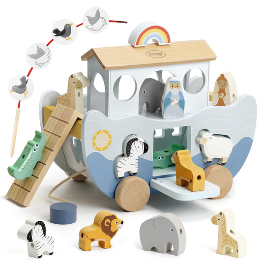 Joyreal Noah's Ark wooden playset showing the ark design for screen-free storytelling