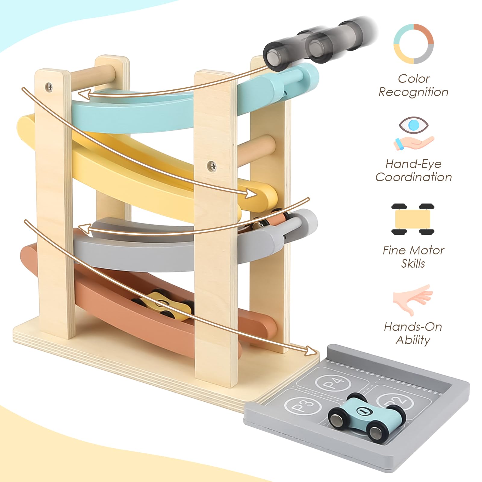 Joyreal parking-lot ramp helps toddlers practice hand-eye coordination and turn-taking.