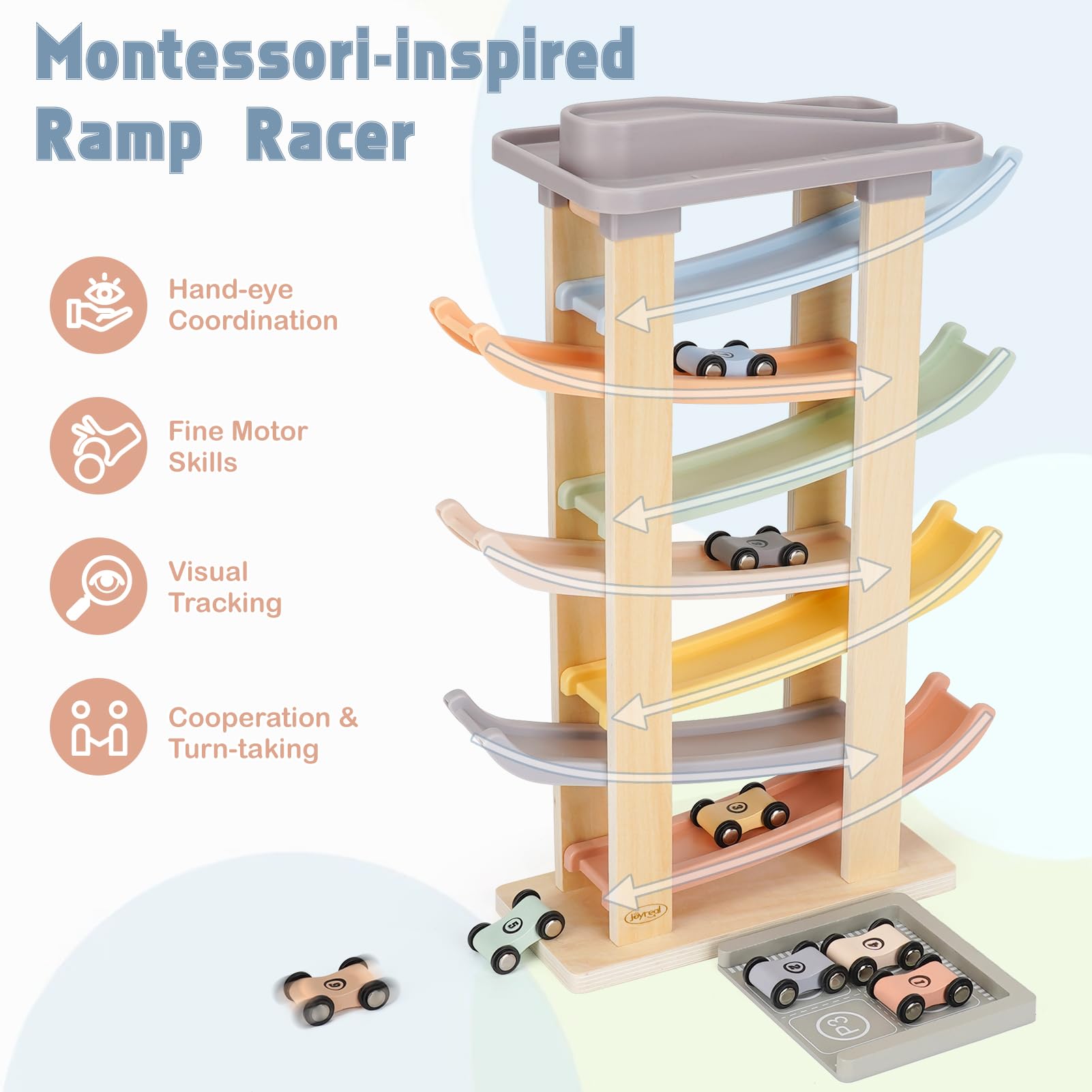 Joyreal smooth-action multi-level ramp keeps toddlers engaged during racing.