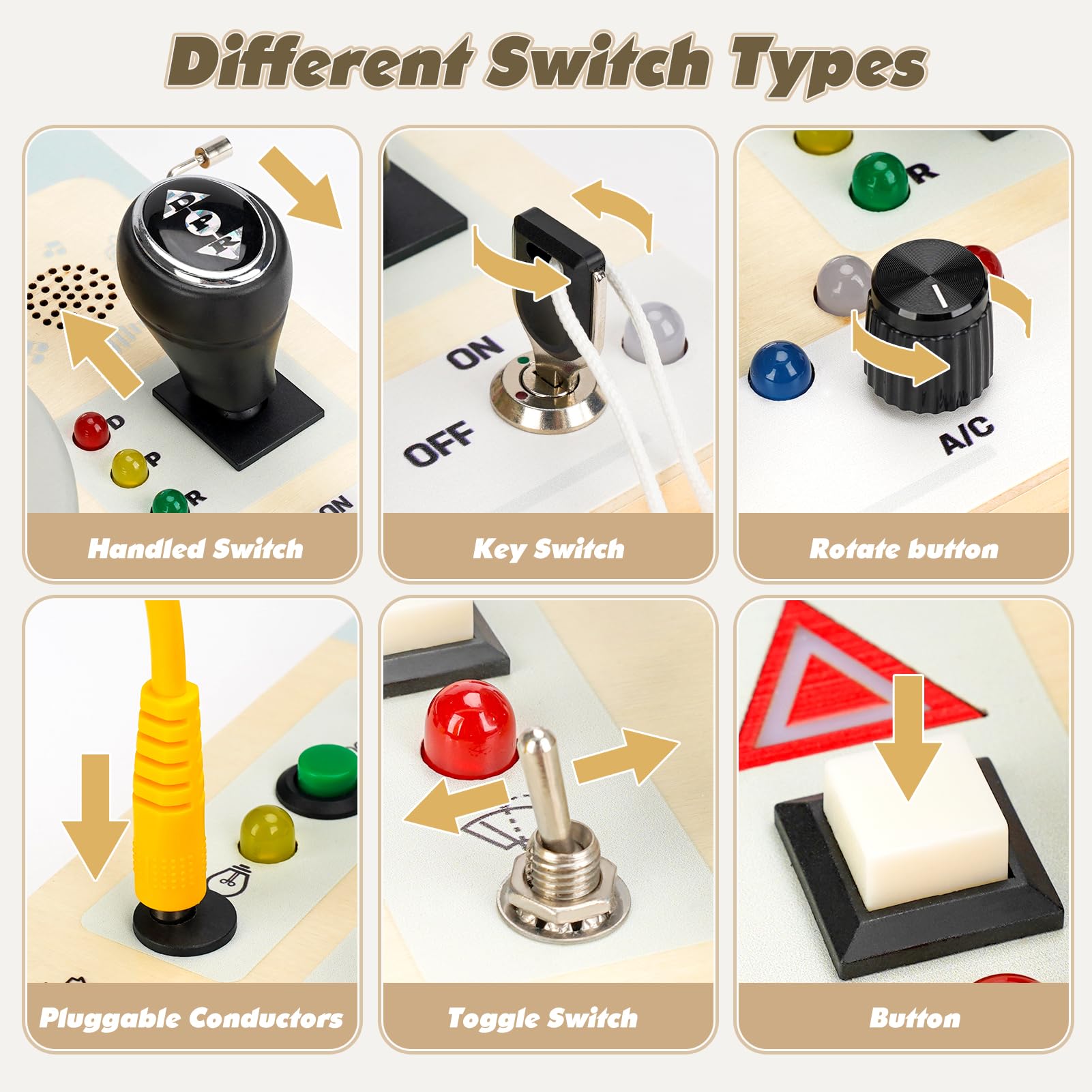 Joyreal wooden sensory board with knobs and switches encourages hands-on problem solving.
