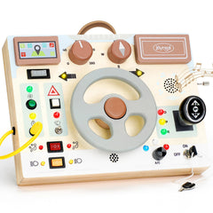 Joyreal toddler busy board with LED lights and steering wheel boosts imaginative play and motor skills.