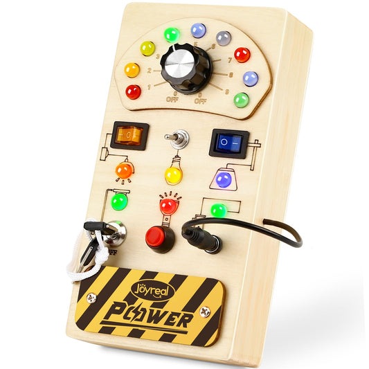 Joyreal Toddler Busy Board with LED switches activates colorful lights for engaging play.
