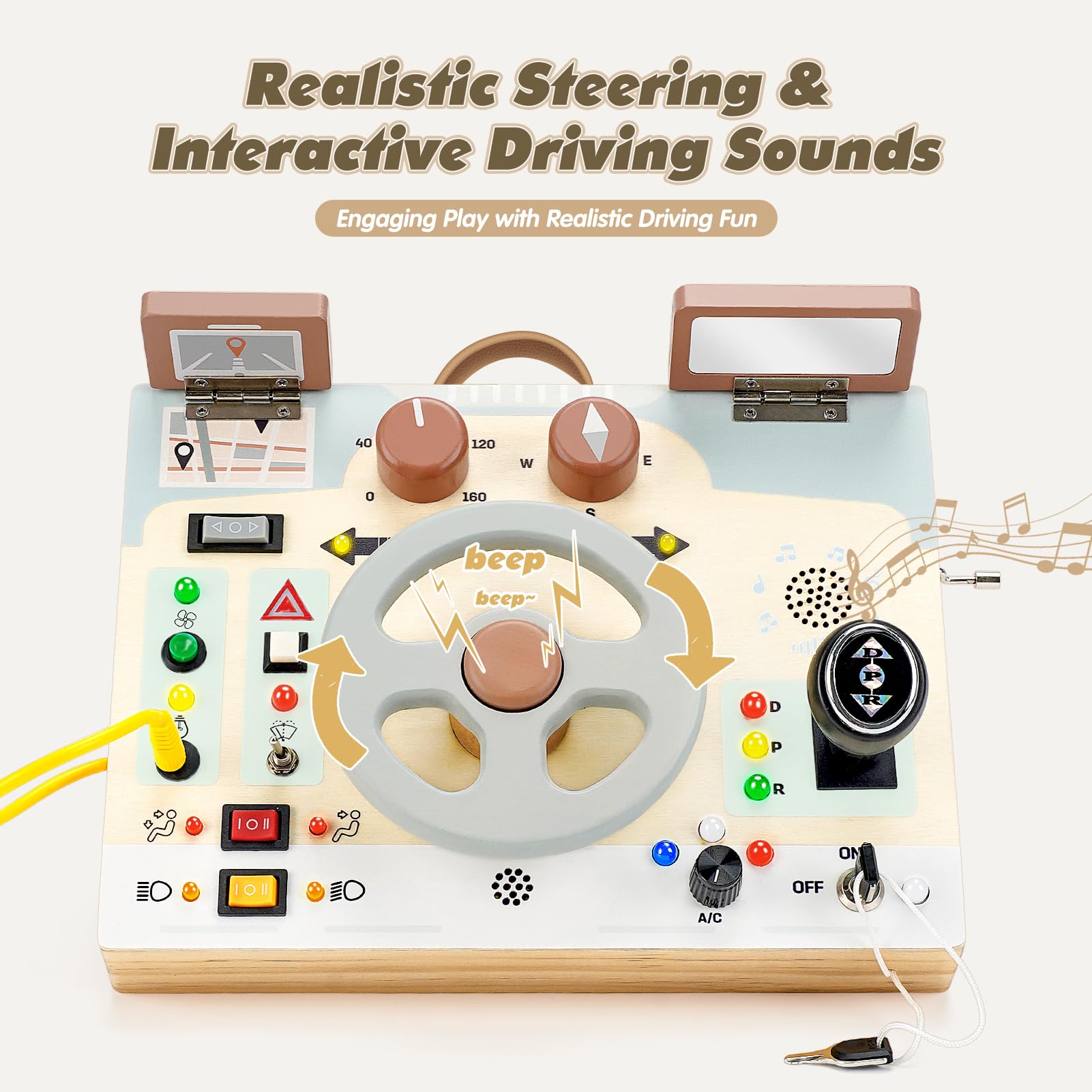 Joyreal busy board with working gear lever supports fine motor control during pretend driving.
