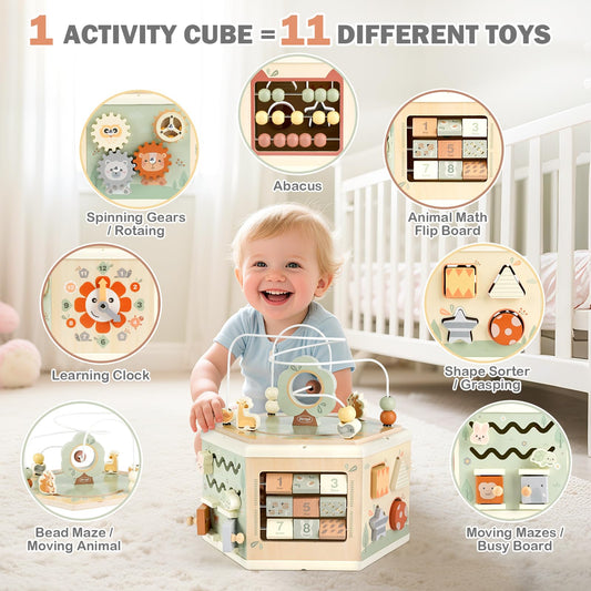 Joyreal Wooden Activity Cube with spinning gears for hand-eye coordination