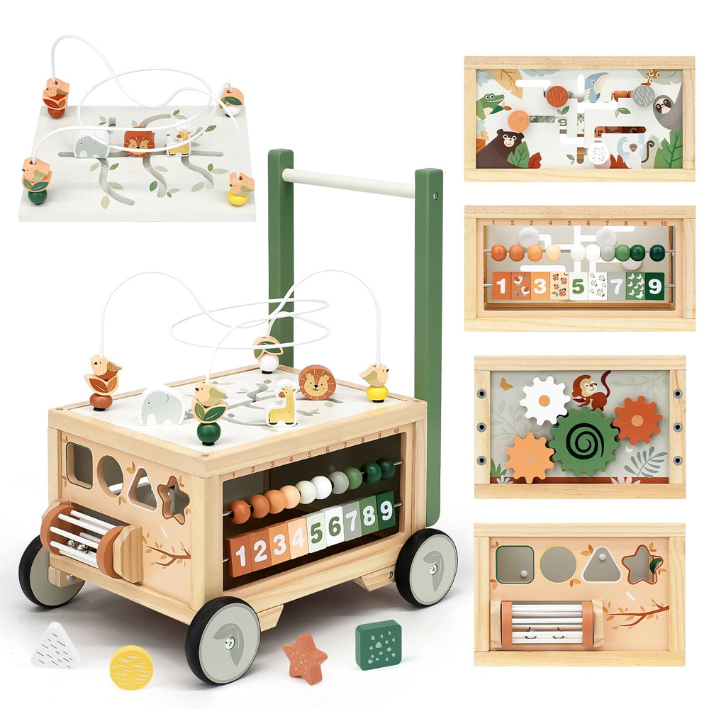 Joyreal wooden baby walker 2-in-1 design supports early steps with engaging activity cube.