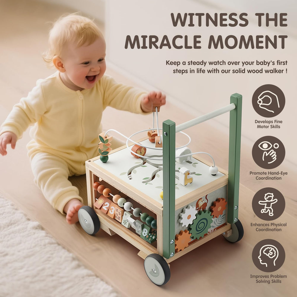 Joyreal wooden baby walker adjustable height supports growing toddlers and proper posture.