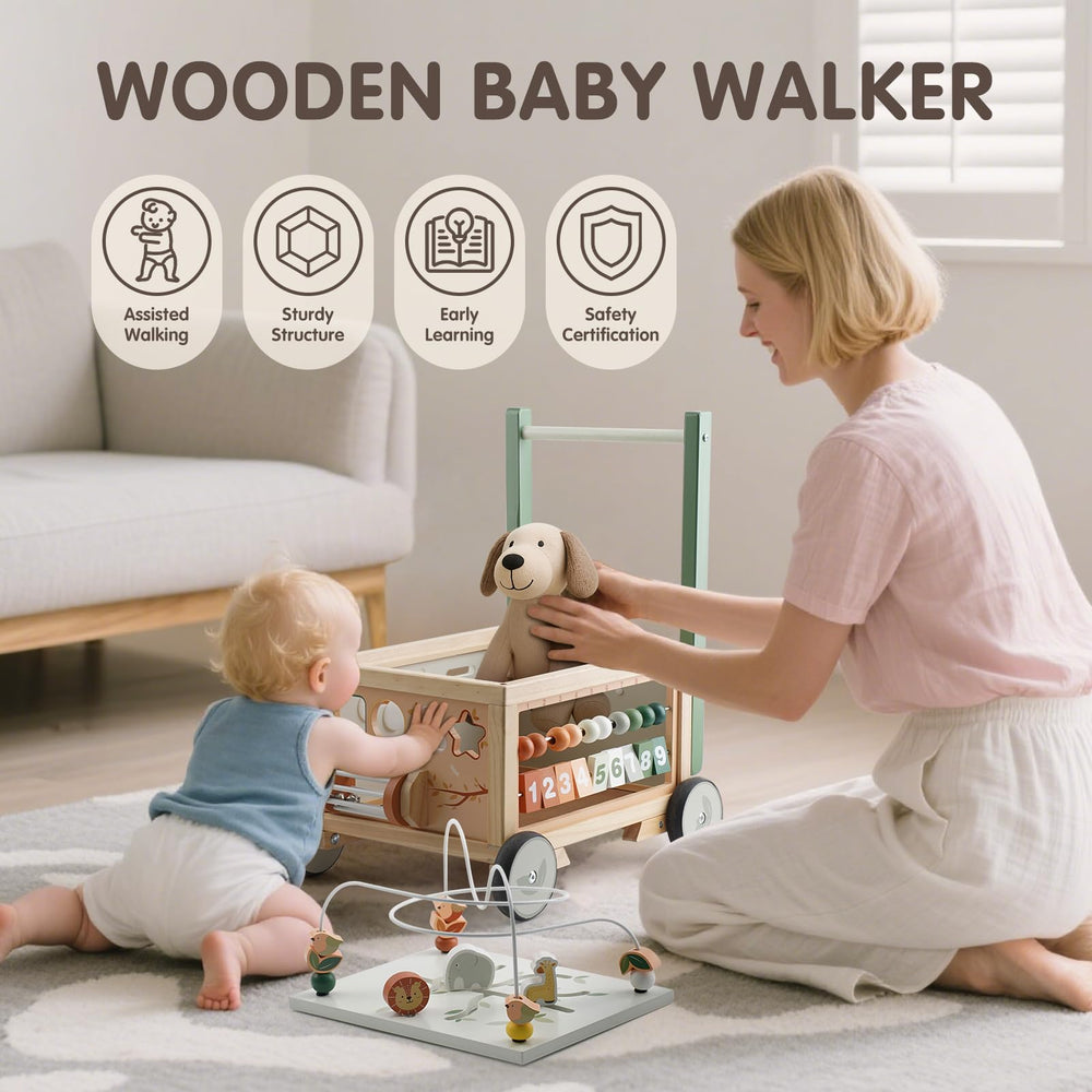 Joyreal wooden baby walker sit-to-stand center supports transitions from standing to play.