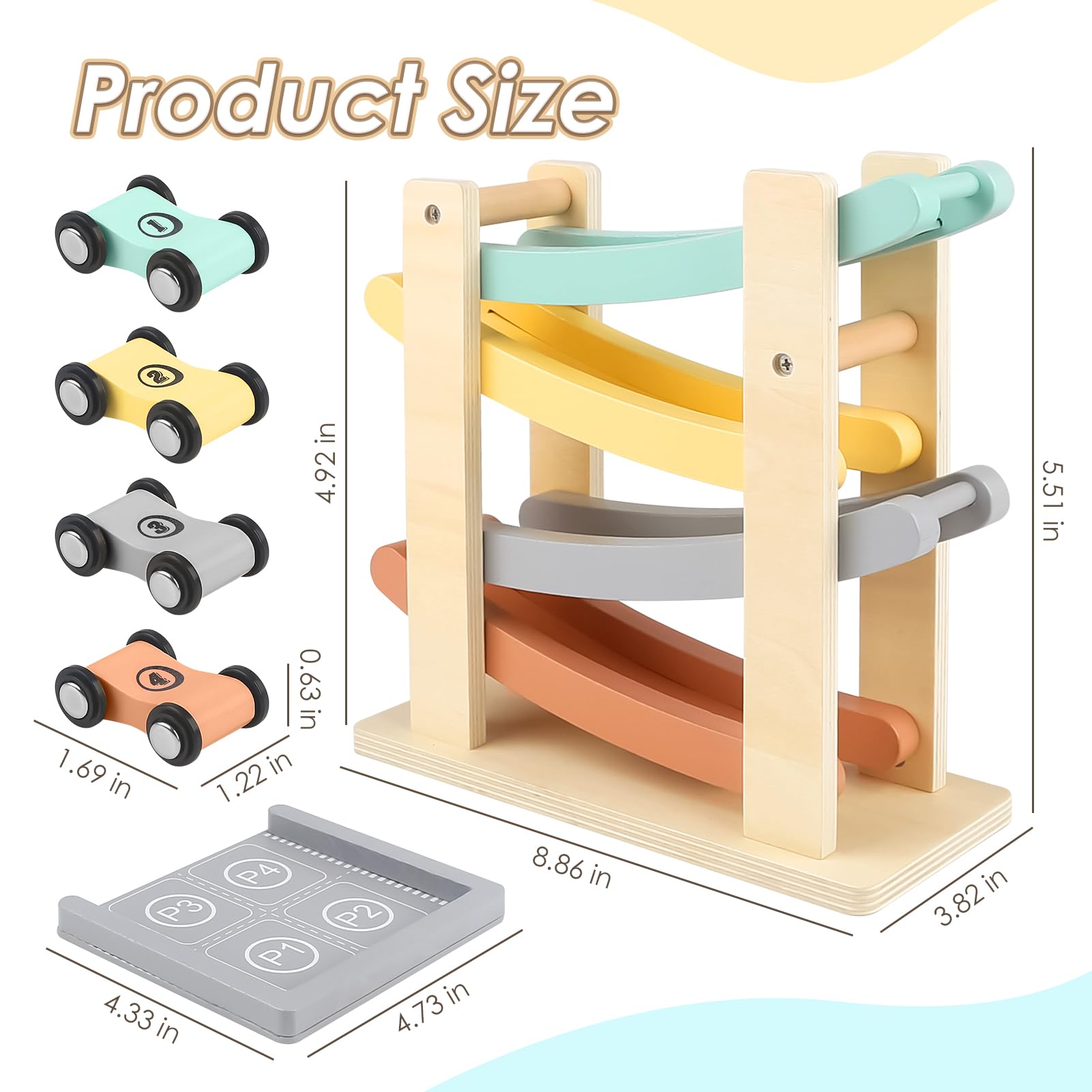 Joyreal wooden car ramp with four mini cars encourages early motor skills.