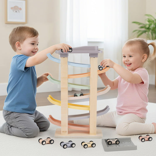 Joyreal wooden ramp set with 8 mini cars for colorful racing.