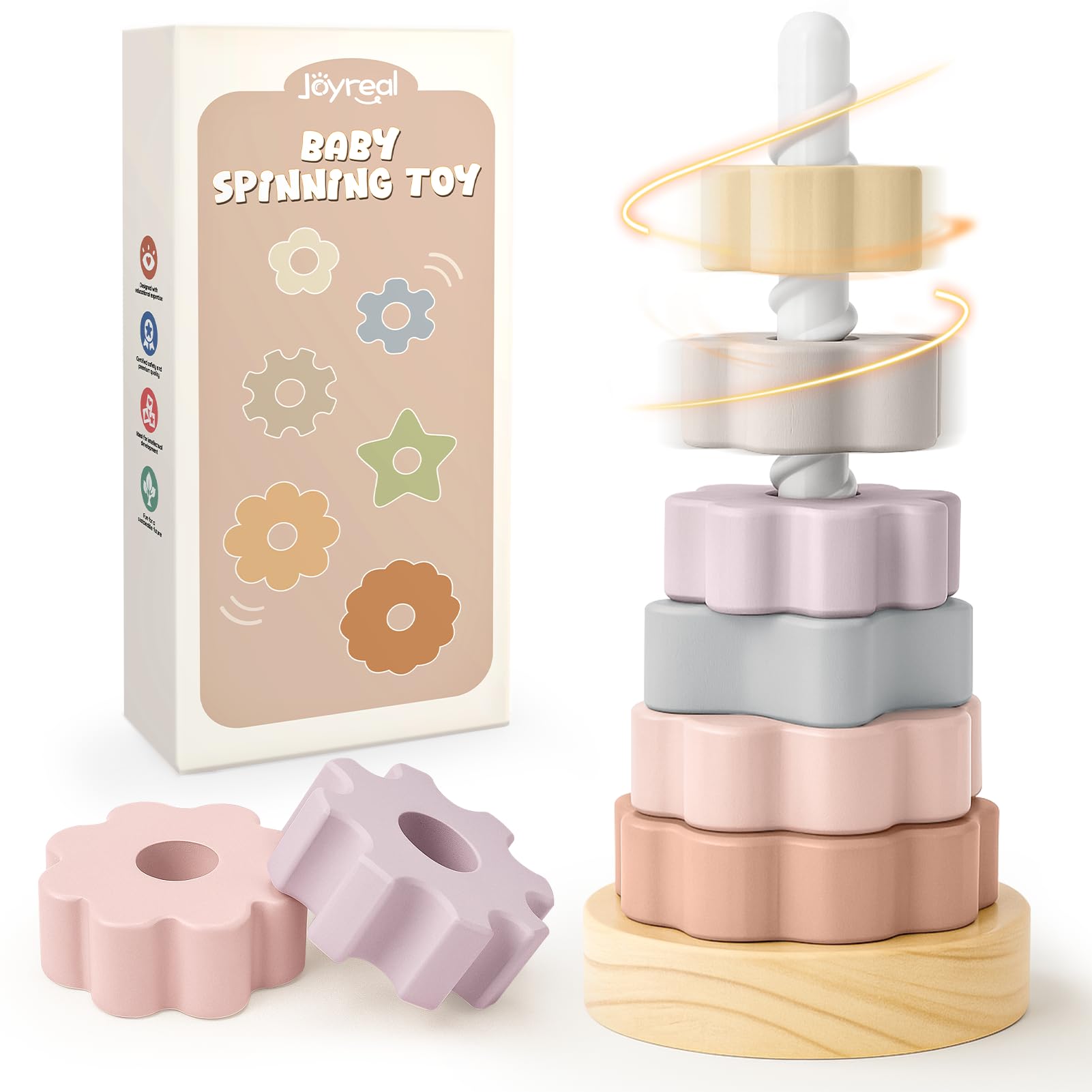 Joyreal wooden spinning stacking toy with gear and pole for tactile exploration