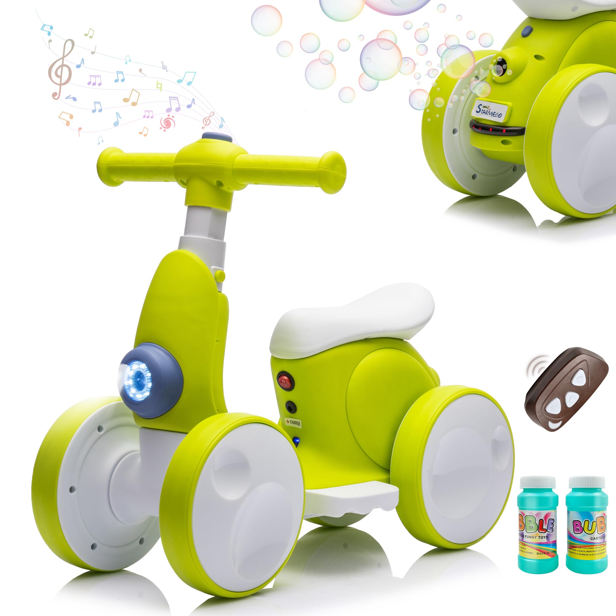 JoyRydz 6V electric baby balance bike with bubble machine, cyan, engaging outdoor play.