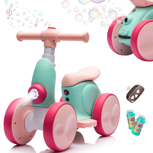 JoyRydz 6V electric baby balance bike with bubble machine in green and red for playful learning.