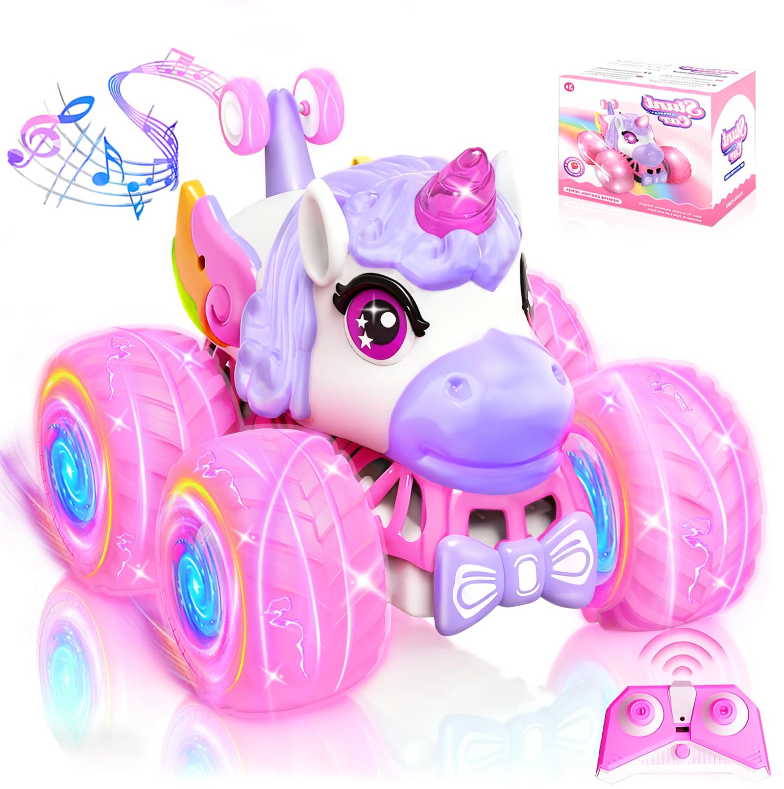 JOYSINTOY unicorn RC car front view, bright pink design enhances indoor play.