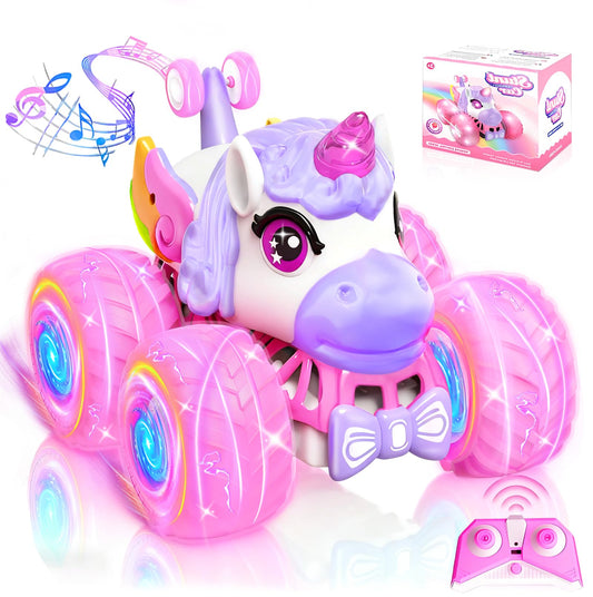 JOYSINTOY unicorn RC car front view, bright pink design enhances indoor play.