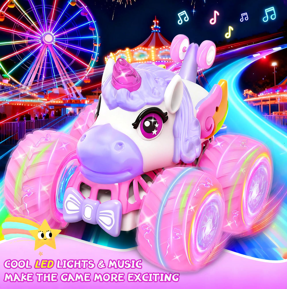 JOYSINTOY RC car with glowing lights for night-time play.