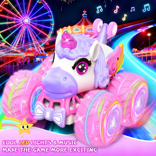 JOYSINTOY RC car with glowing lights for night-time play.