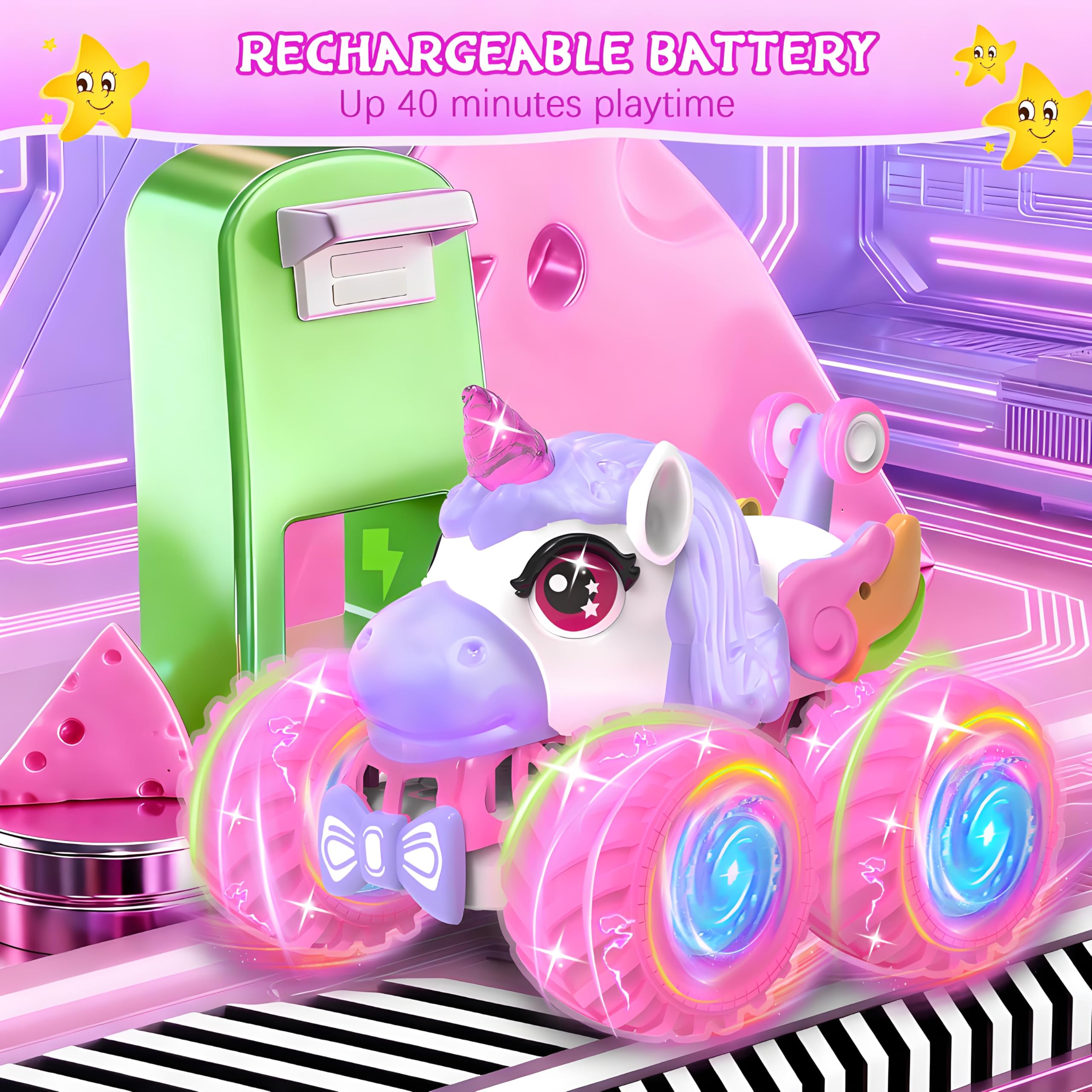 JOYSINTOY unicorn spins 360 degrees for dynamic stunts.