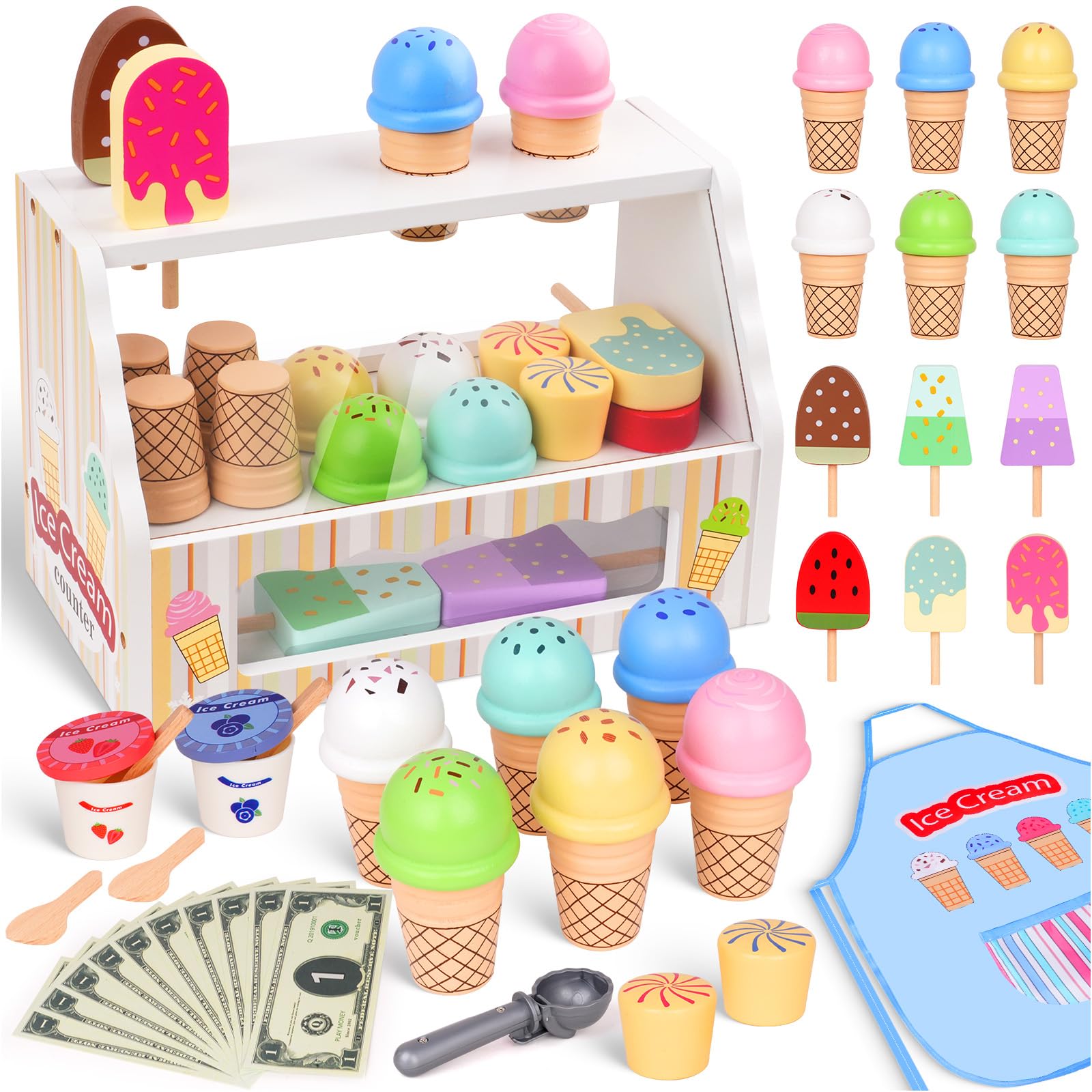 JOYSINTOY wooden ice cream counter promotes imaginative pretend play and fine motor skills.