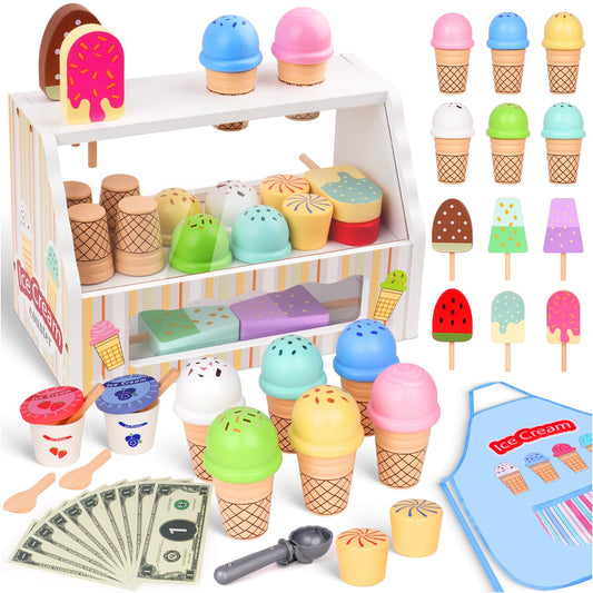 JOYSINTOY wooden ice cream counter promotes imaginative pretend play and fine motor skills.