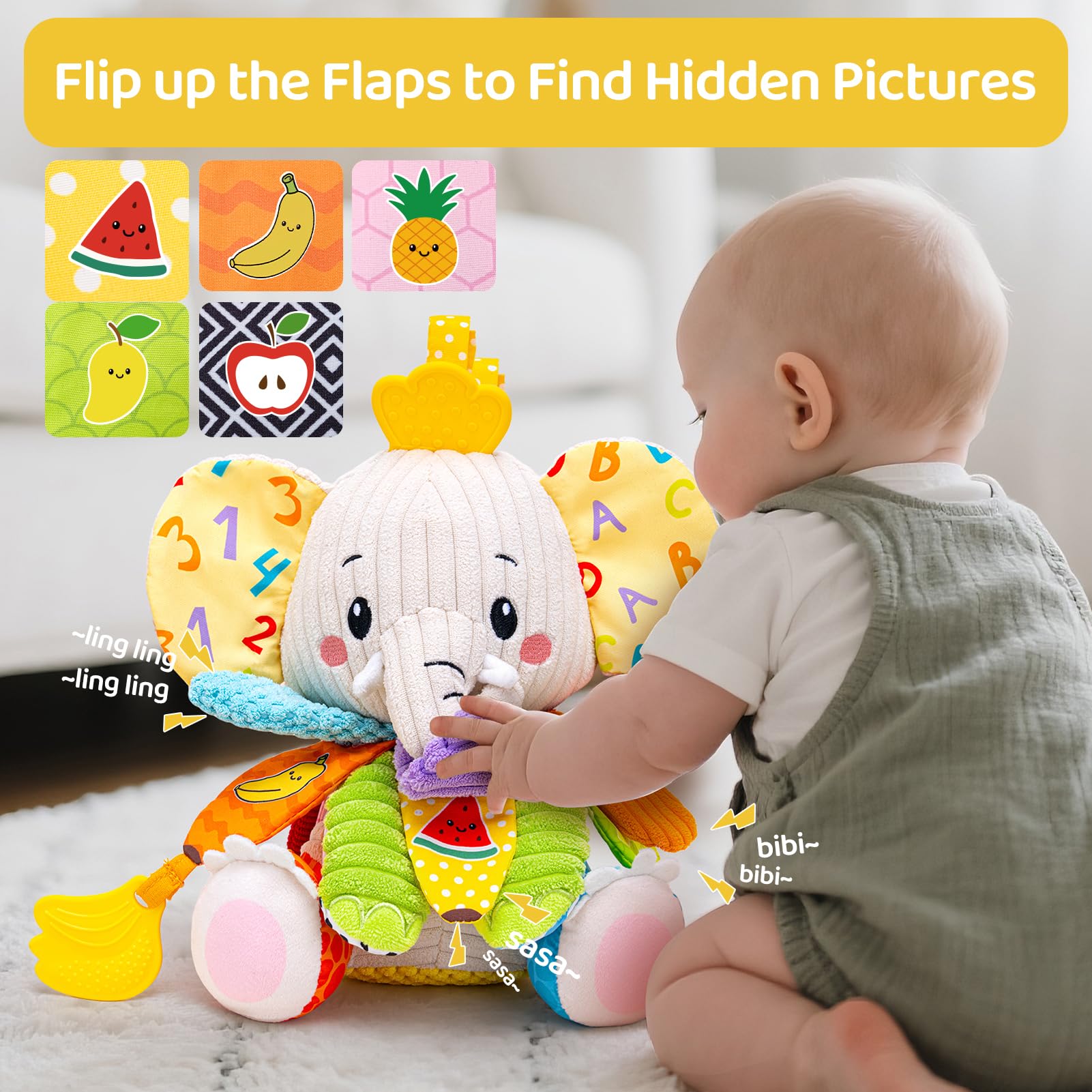 JoySpark Elephant vibrant colors and patterns support visual development.