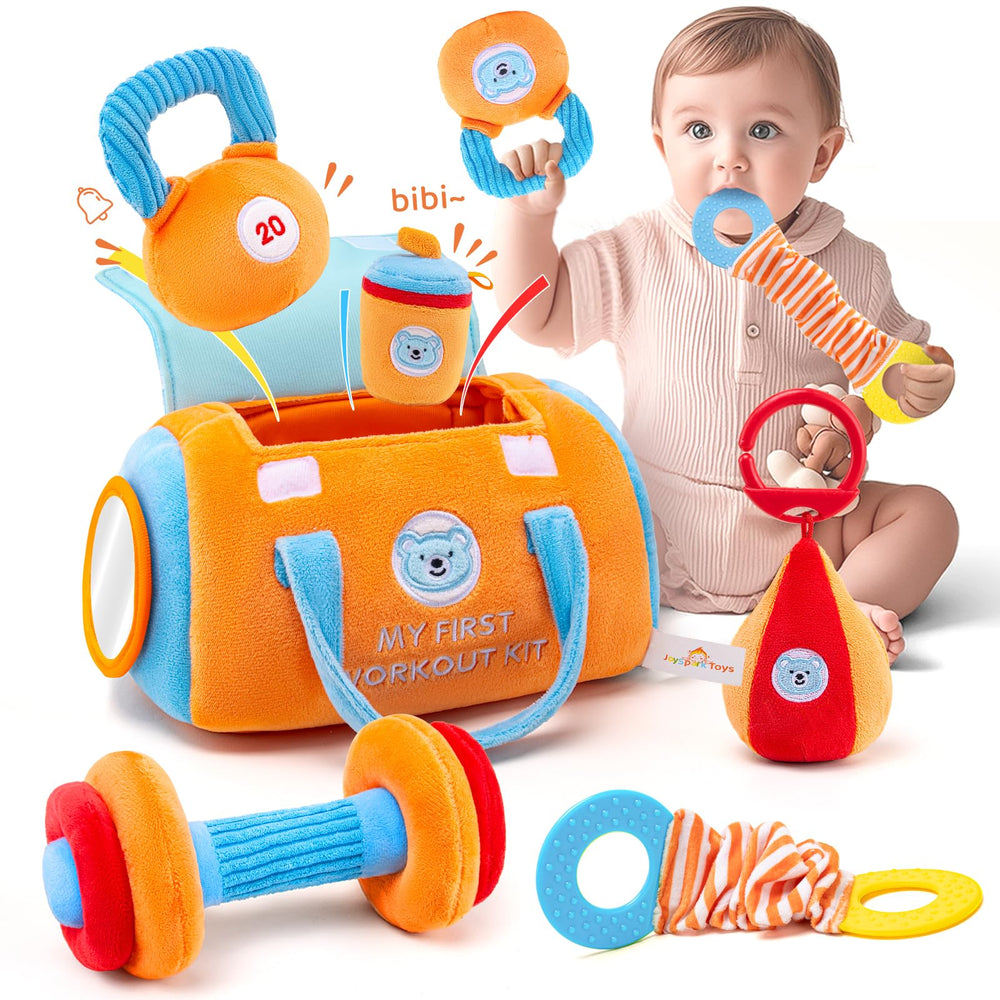 JoySpark Toys baby workout dumbbell enhances tactile play and fine motor exploration.