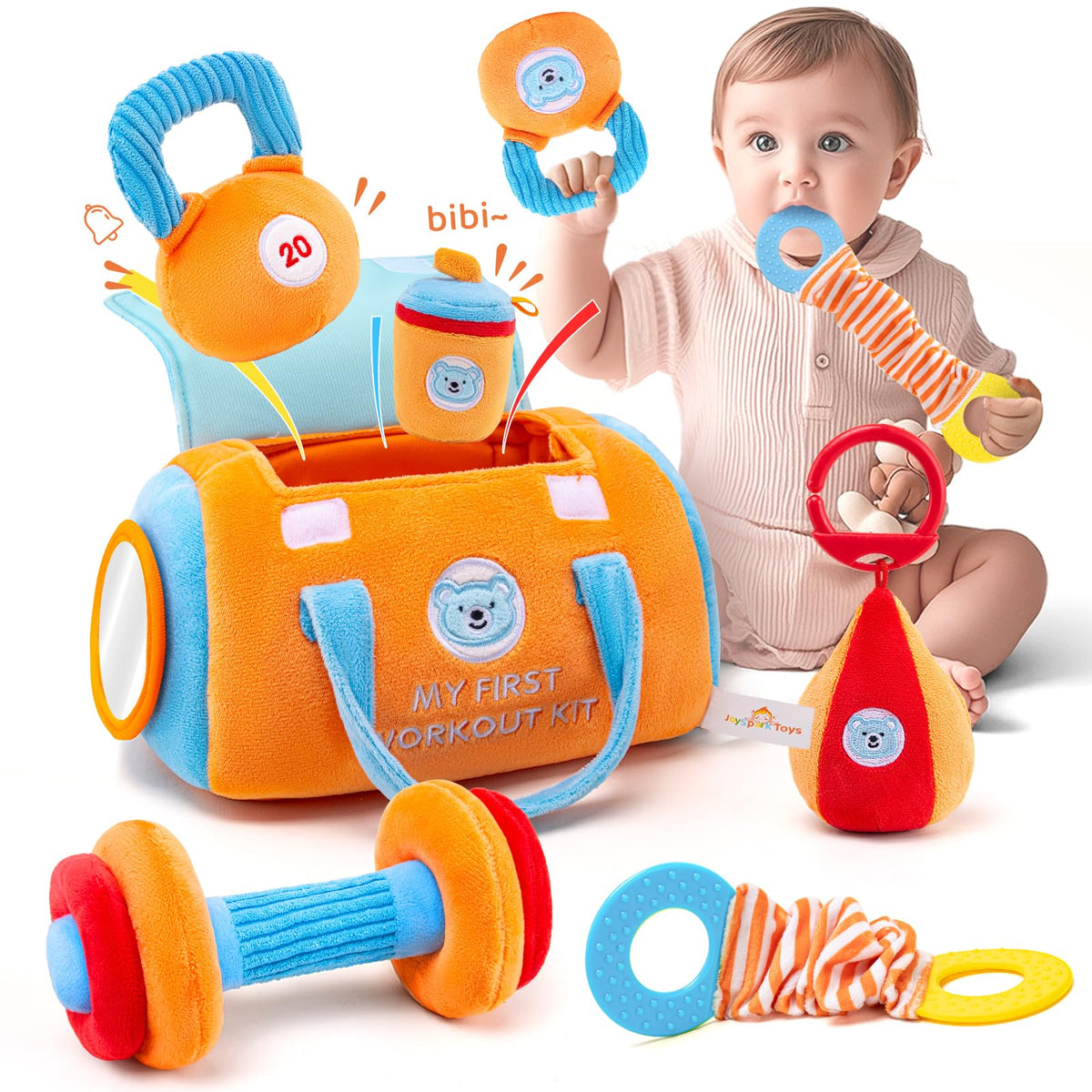 JoySpark Toys baby workout dumbbell enhances tactile play and fine motor exploration.