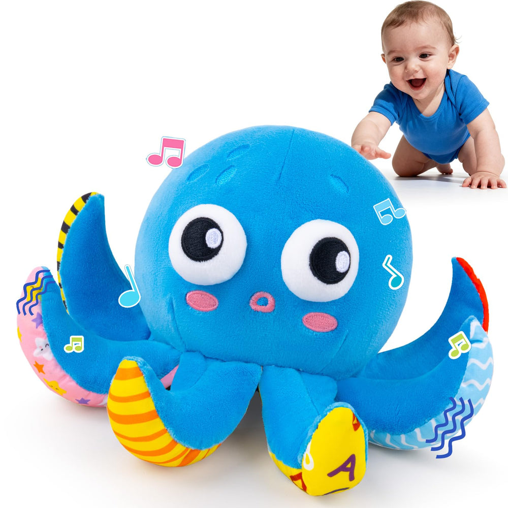 JoySpark Toys crawling octopus front view encourages baby chasing and neck strength through playful motion.
