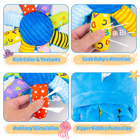 JoySpark Toys crawling octopus side view highlights interactive play that sparks motor skills growth.