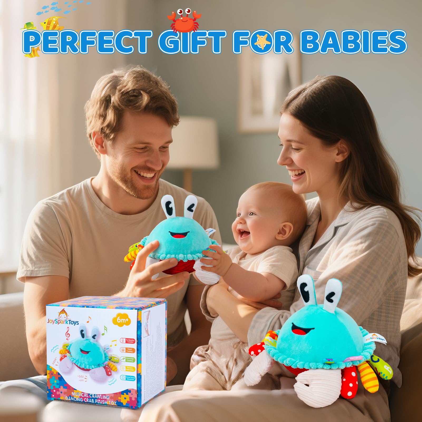 JoySpark Toys safe, durable plush crab ideal for active floor play.