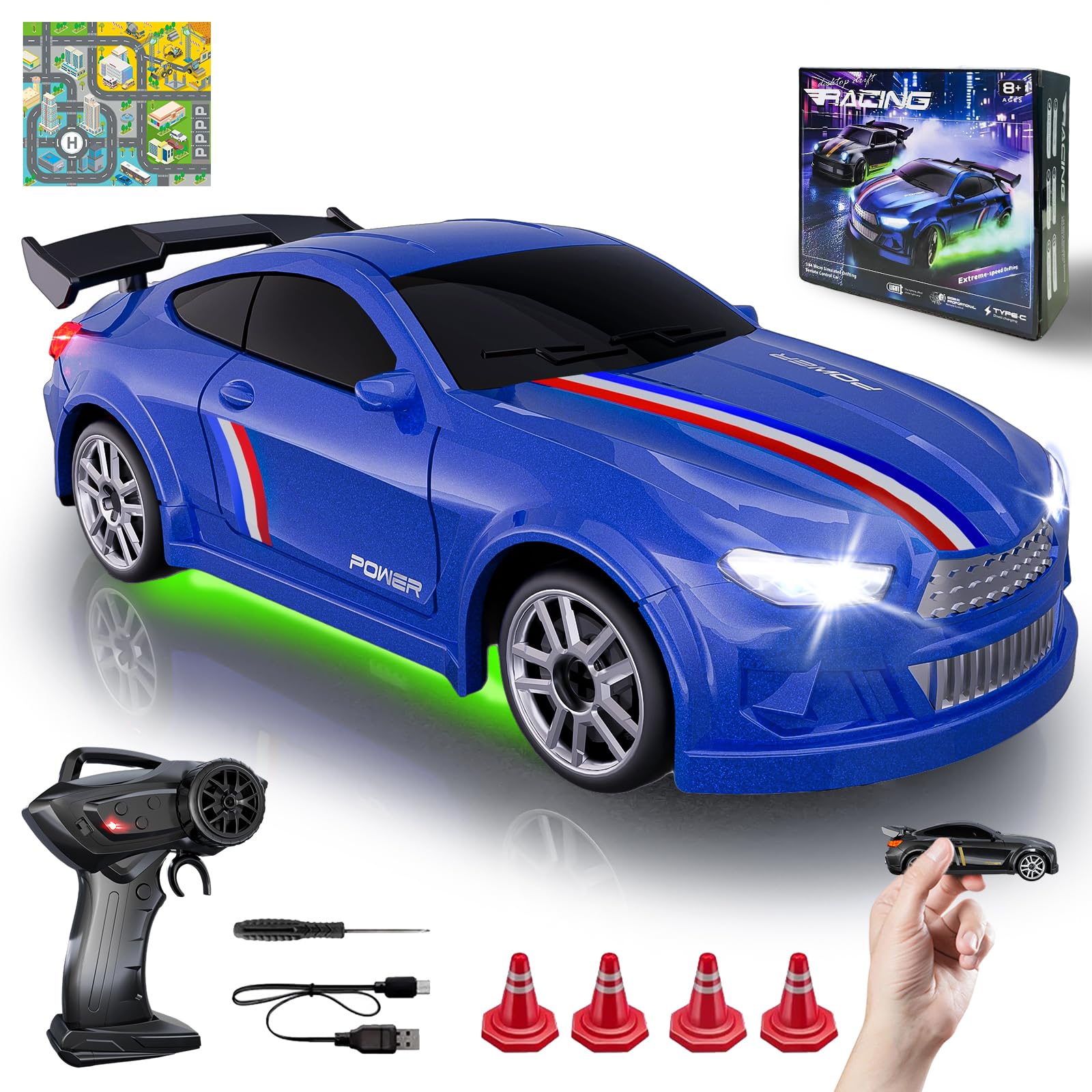 JoySpark Toys Mini RC Drift Car 1:64 blue in action for precise drifting