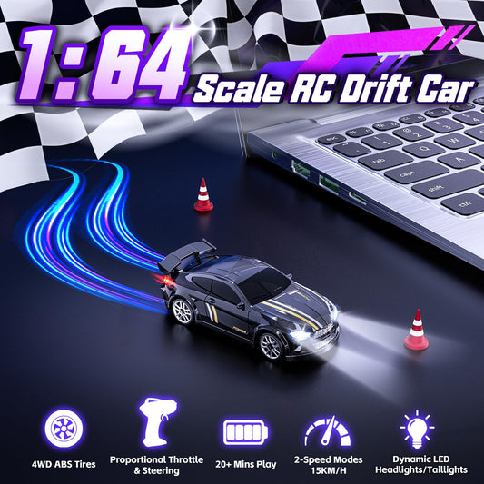 JoySpark Toys mini RC drift car with LED lights for night racing.