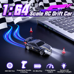JoySpark Toys mini RC drift car with LED lights for night racing.