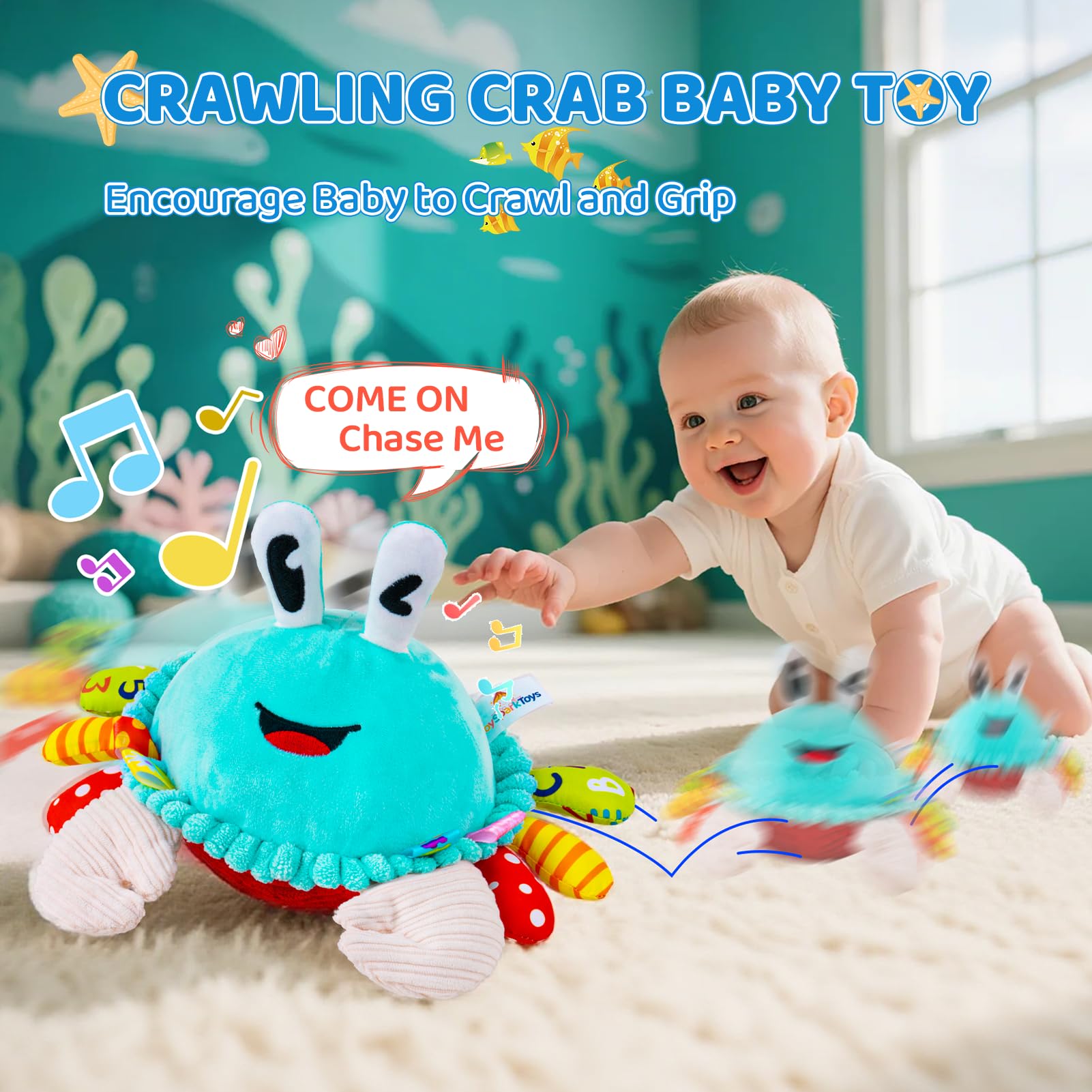JoySpark Toys musical crab plush plays 50 songs to spark early musical awareness.