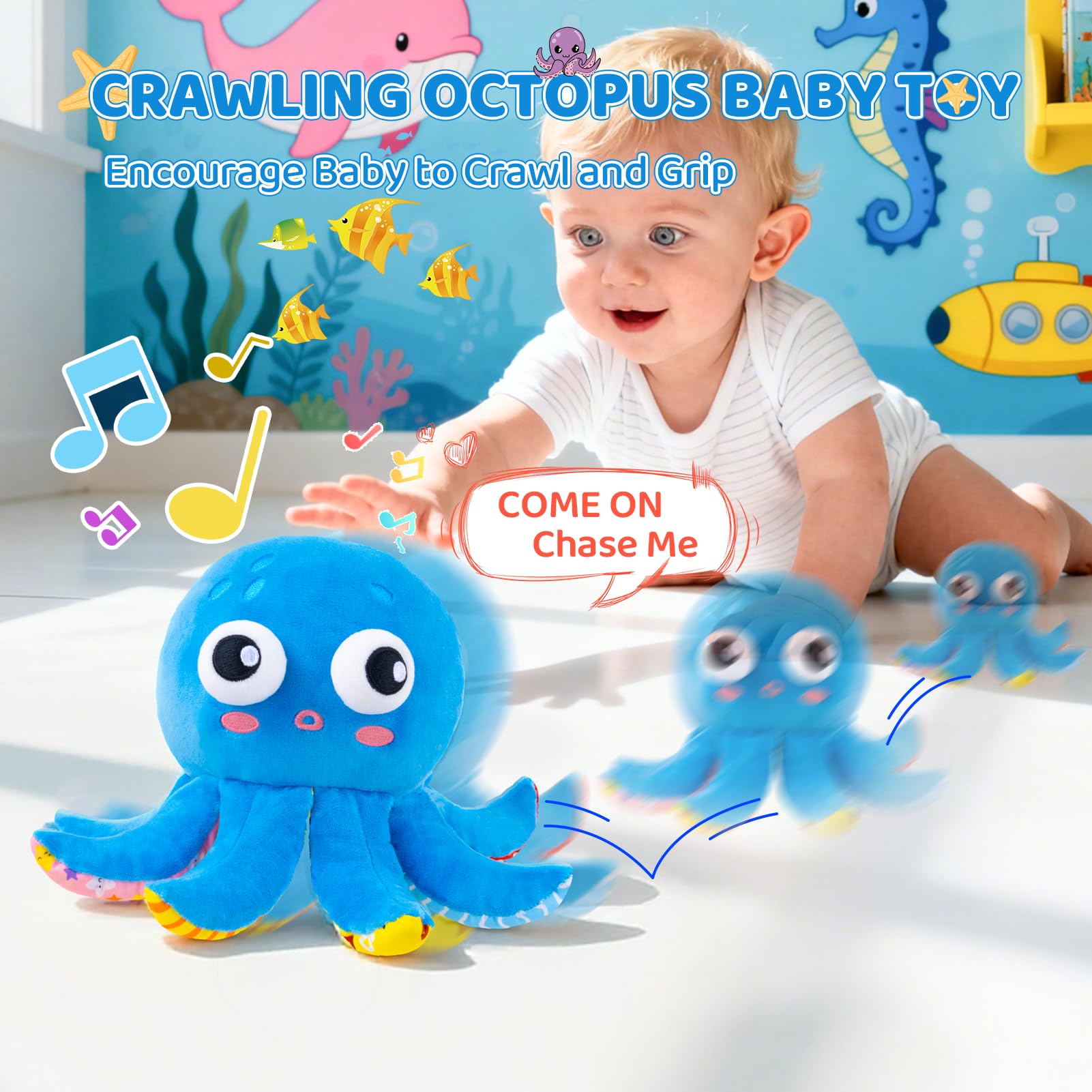JoySpark Toys musical octopus dance mode demonstrates upbeat tunes for joyful tummy time.