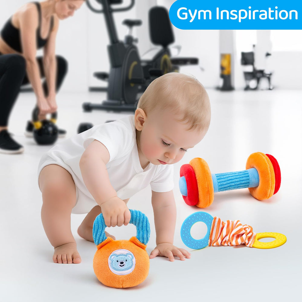 JoySpark Toys rattle and kettlebell offer cheerful sounds for early auditory development.