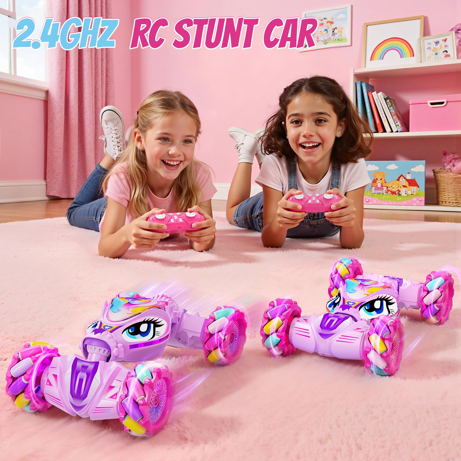 JoySpark unicorn 4WD wheels handle various surfaces for versatile play.